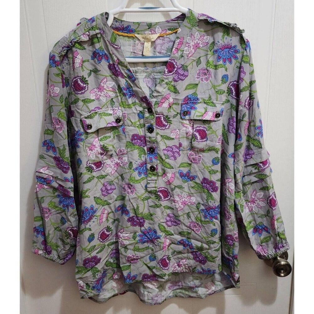 Matilda Jane Women's Long Sleeve V Neck Popover Top Ruffles Gray Floral Size M